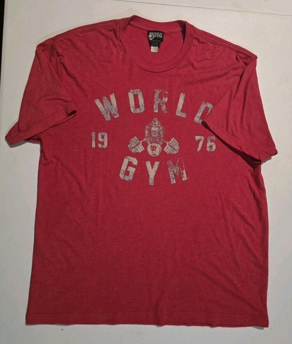 Vtg World Gym T Shirt Mens Red Distressed Bodybuilding Weightlifting Gym Tee XL